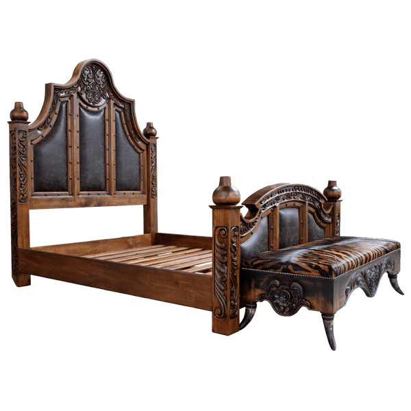 Custom Handcrafted Western Style Bed with Dark Leather Upholstery and Exquisite Hand Carved Details