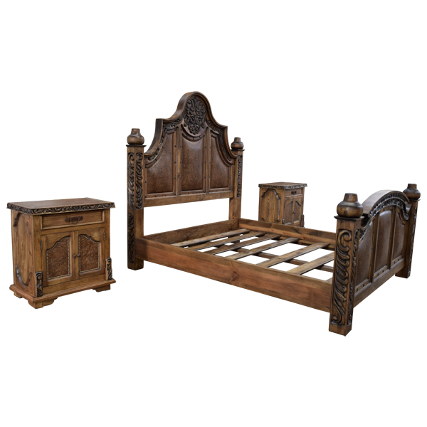 Custom Western Style Bed with Hand Carved Floral and Scroll Designs and Patterned Leather Panels