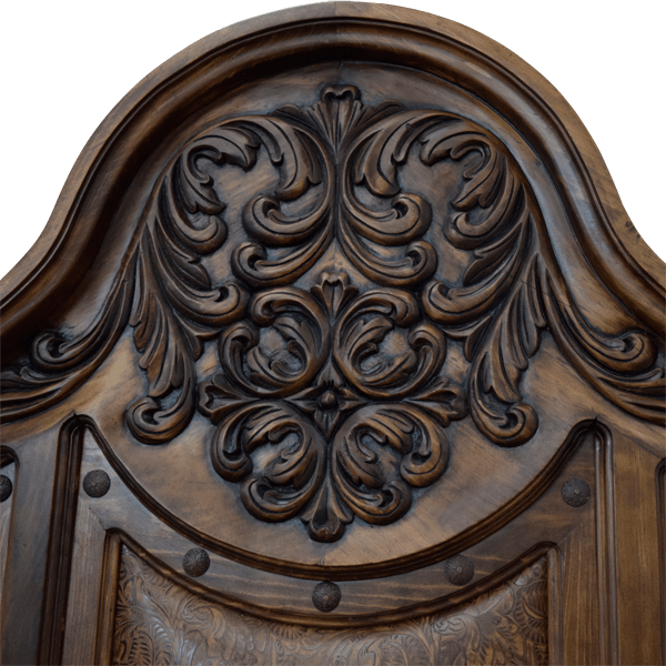 Custom Western Style Bed with Hand Carved Floral and Scroll Designs and Patterned Leather Panels