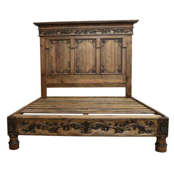 Custom Handcrafted Western Style Bed with Hand Carved Floral Designs and Antique Finish