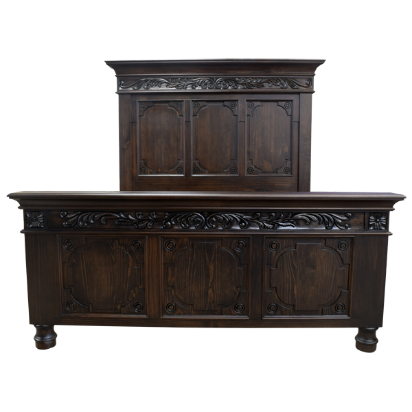Custom Handcrafted Western Style Bed with Crown Molding and Hand Carved Floral Designs