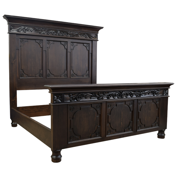Custom Handcrafted Western Style Bed with Crown Molding and Hand Carved Floral Designs