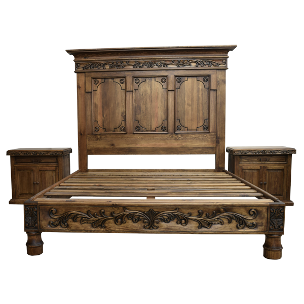 Custom Handcrafted Western Style Bed with Hand Carved Floral Designs and Antique Finish