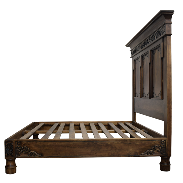 Custom Handcrafted Western Style Bed with Hand Carved Floral Designs and Antique Finish