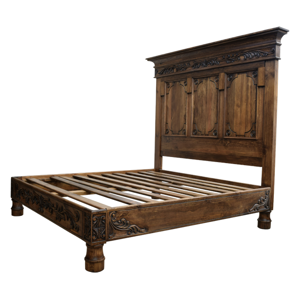 Custom Handcrafted Western Style Bed with Hand Carved Floral Designs and Antique Finish