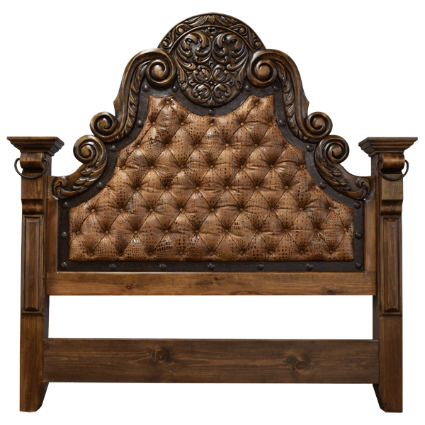 Custom Spanish Colonial Headboard with Brown Full Grain Leather and Hand Forged Iron Accents