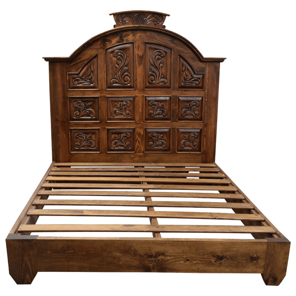 Custom Handcrafted Western Style Bed with Curved Molding and Detailed Hand Carved Panels