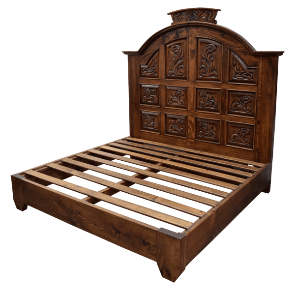 Custom Handcrafted Western Style Bed with Curved Molding and Detailed Hand Carved Panels