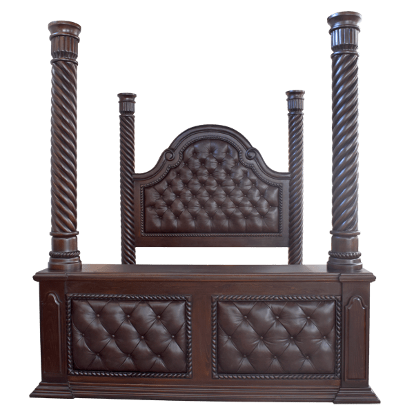 Handcrafted Western Style Four Poster Bed with Rich Leather Upholstery and Elegant Hand Carved Details