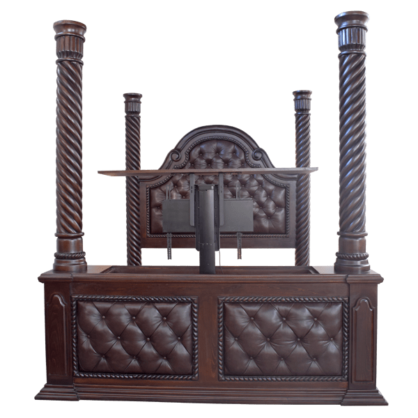 Handcrafted Western Style Four Poster Bed with Rich Leather Upholstery and Elegant Hand Carved Details