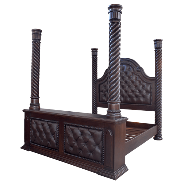 Handcrafted Western Style Four Poster Bed with Rich Leather Upholstery and Elegant Hand Carved Details