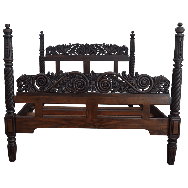 Spanish Colonial Style Handcrafted Bed with Exquisite Hand Carved Crest and Elegant Columns