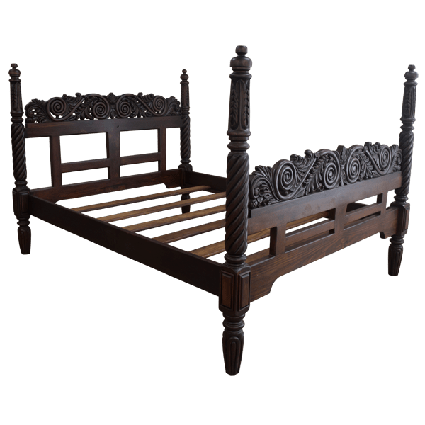Spanish Colonial Style Handcrafted Bed with Exquisite Hand Carved Crest and Elegant Columns