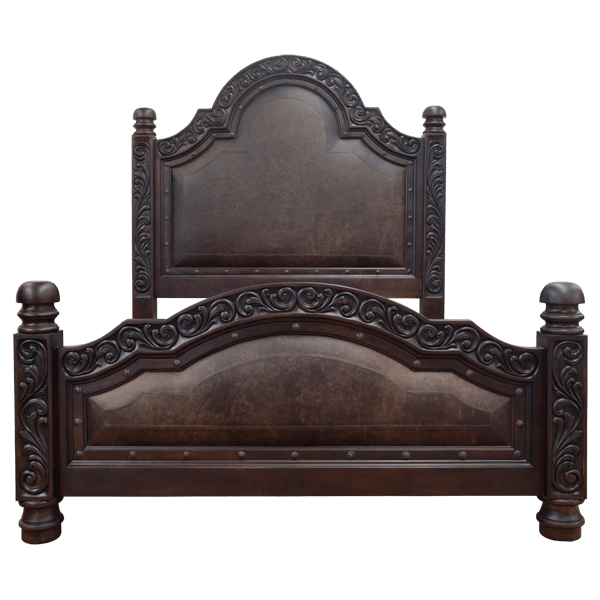 Elegant Handcrafted Spanish Colonial Style Bed with Curved, Leather Upholstered Panels and Iron Accents