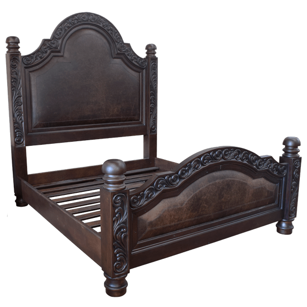 Elegant Handcrafted Spanish Colonial Style Bed with Curved, Leather Upholstered Panels and Iron Accents