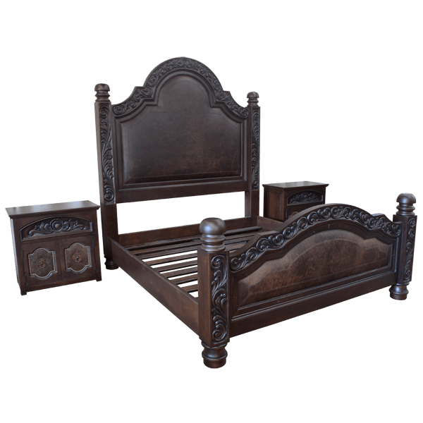 Elegant Handcrafted Spanish Colonial Style Bed with Curved, Leather Upholstered Panels and Iron Accents