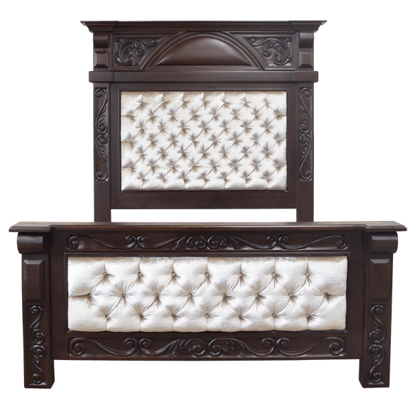 Elegant Handcrafted Bed with Carved Crown Molding, Button Tufted Upholstery, and Scroll Details
