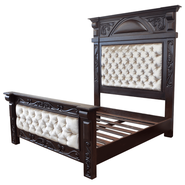 Elegant Handcrafted Bed with Carved Crown Molding, Button Tufted Upholstery, and Scroll Details