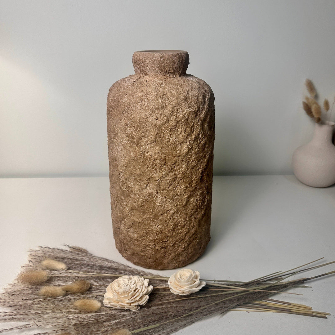 Rustic Minimalist Textured Hand-Painted Ceramic Vase 12" - Espresso Brown