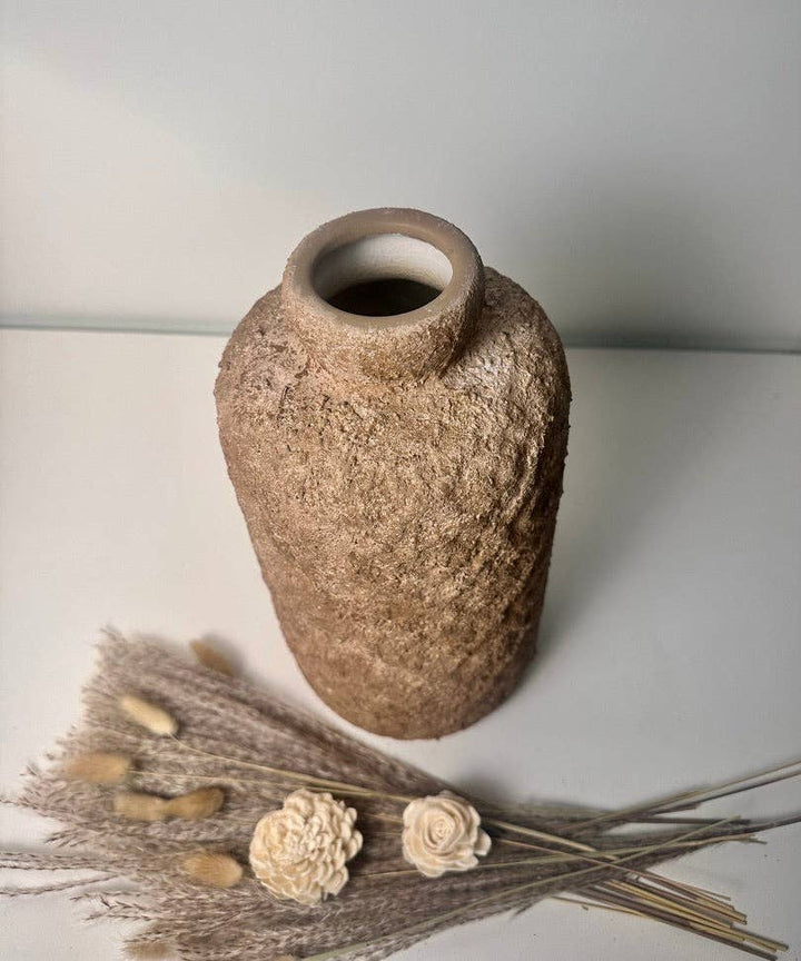 Rustic Minimalist Textured Hand-Painted Ceramic Vase 12" - Espresso Brown
