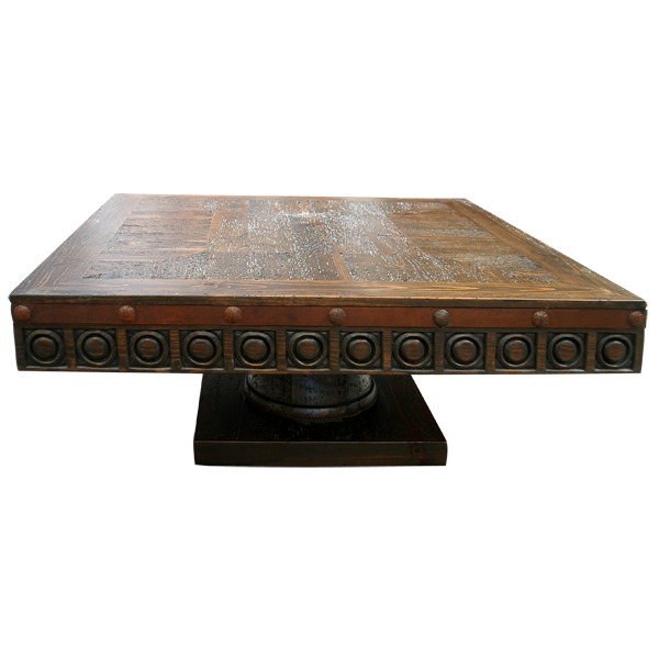 Rustic Reclaimed Wood Coffee Table with Hand Forged Iron and Geometric Carved Designs