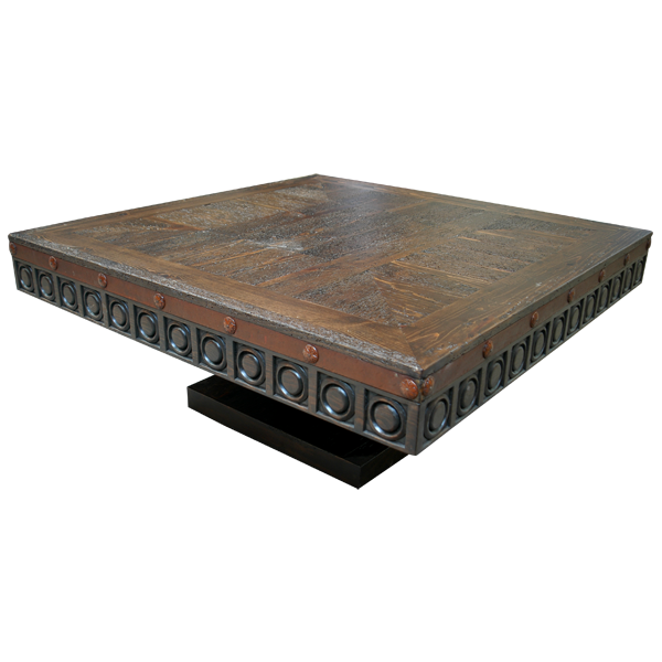 Rustic Reclaimed Wood Coffee Table with Hand Forged Iron and Geometric Carved Designs