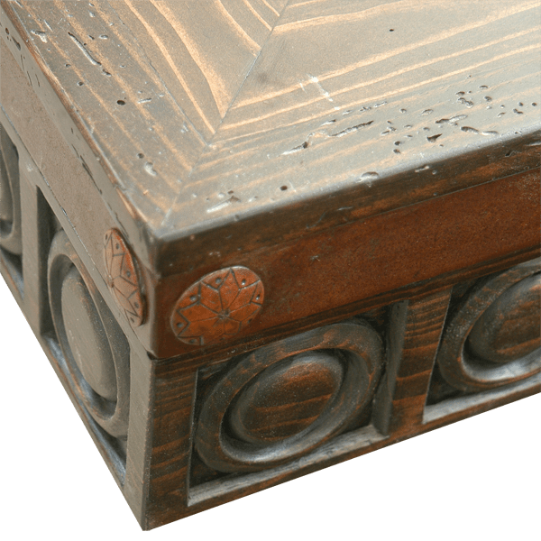 Rustic Reclaimed Wood Coffee Table with Hand Forged Iron and Geometric Carved Designs