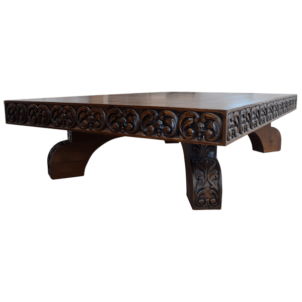 Elegant Formality: Handcrafted Rectangular Coffee Table with Ornate Woodwork