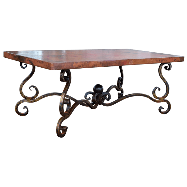 Handcrafted Western Style Coffee Table with Hand Hammered Copper Top and Forged Iron Frame