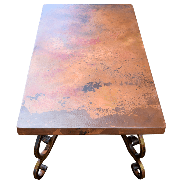 Handcrafted Western Style Coffee Table with Hand Hammered Copper Top and Forged Iron Frame