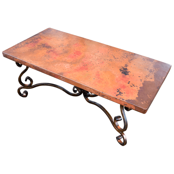 Handcrafted Western Style Coffee Table with Hand Hammered Copper Top and Forged Iron Frame