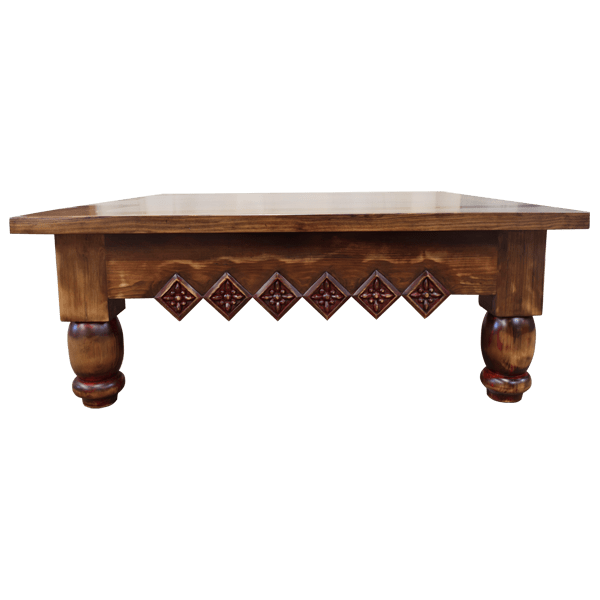 Handcrafted Solid Wood Coffee Table with Carved Geometric Designs