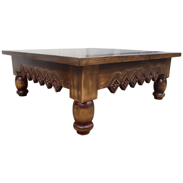 Handcrafted Solid Wood Coffee Table with Carved Geometric Designs