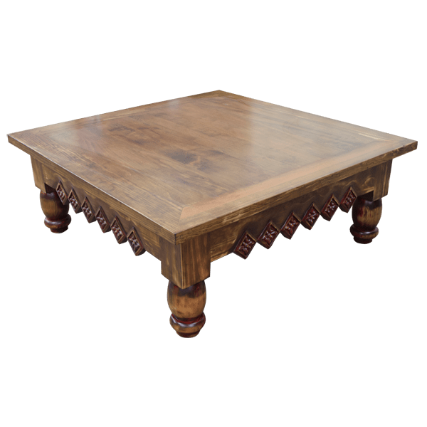 Handcrafted Solid Wood Coffee Table with Carved Geometric Designs