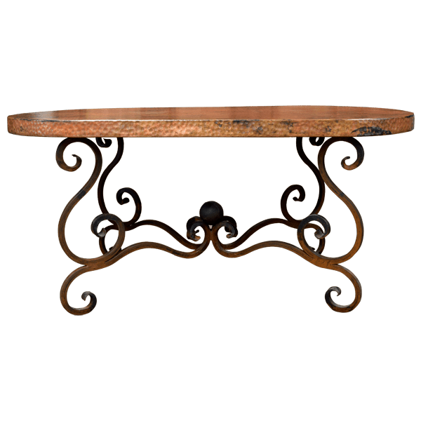 Handcrafted Copper Coffee Table with Scrolled Iron Base