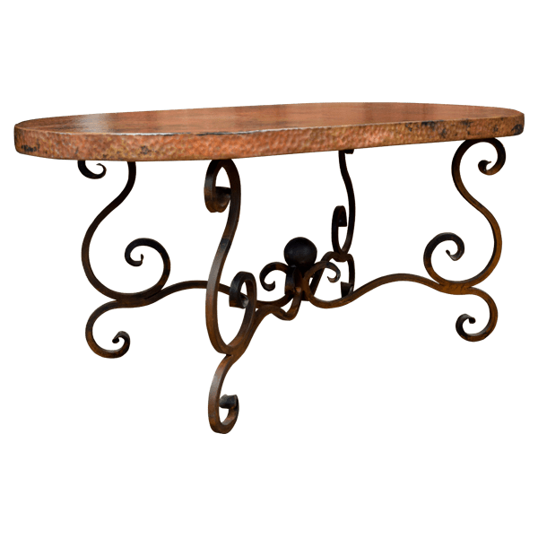 Handcrafted Copper Coffee Table with Scrolled Iron Base