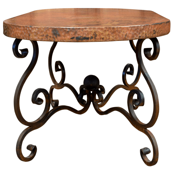 Handcrafted Copper Coffee Table with Scrolled Iron Base