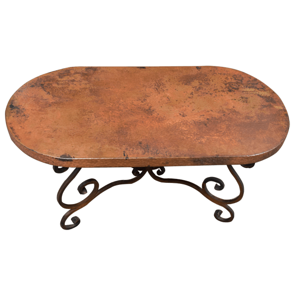 Handcrafted Copper Coffee Table with Scrolled Iron Base
