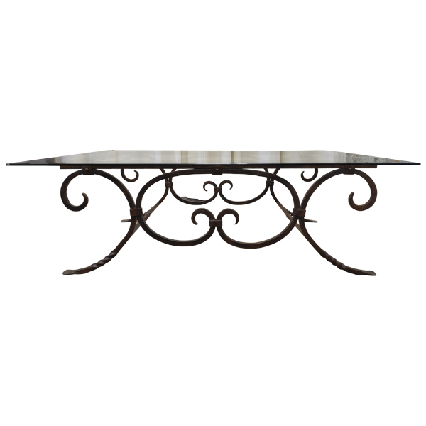 Handcrafted Dark Beveled Glass Coffee Table with Scrolled Forged Iron Base