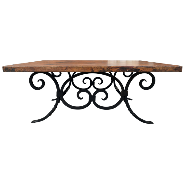 Rectangular Coffee Table with Copper Top and Wrought Iron Base with Scroll Design