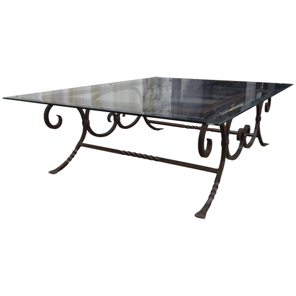 Handcrafted Dark Beveled Glass Coffee Table with Scrolled Forged Iron Base