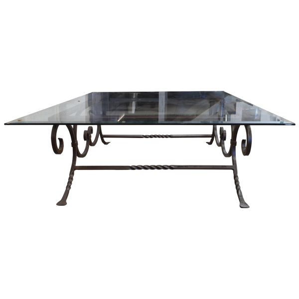 Handcrafted Dark Beveled Glass Coffee Table with Scrolled Forged Iron Base