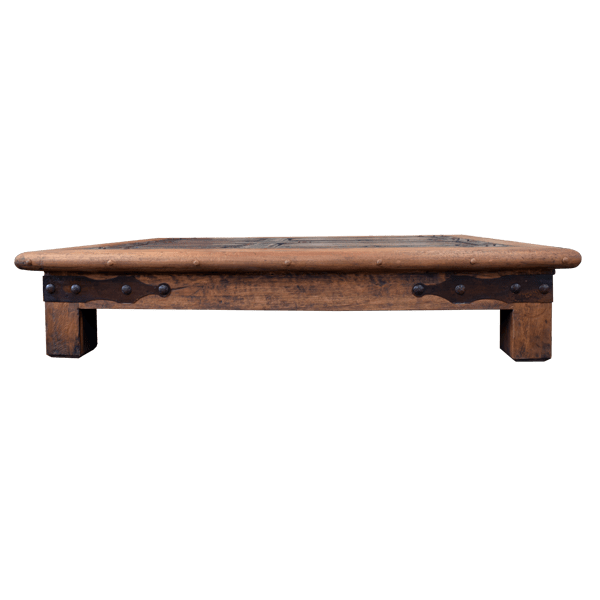 Handcrafted Door-Top Coffee Table with Forged Iron Conchos and Robust Iron Details