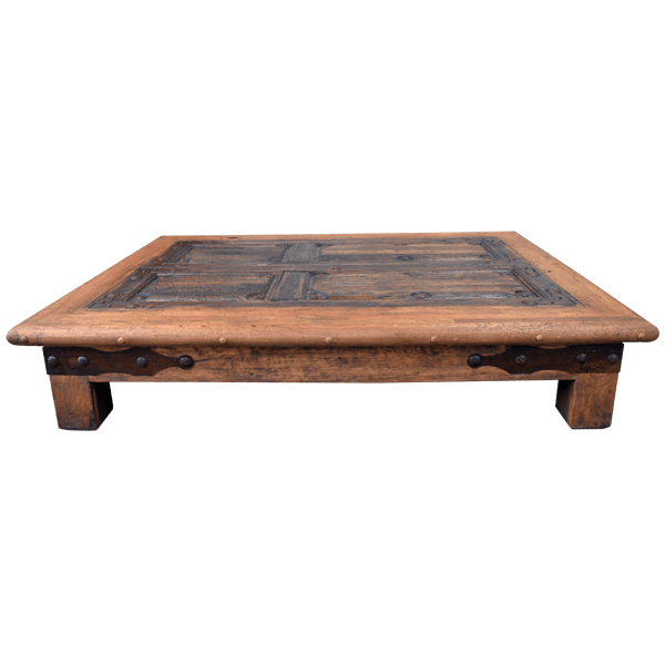 Handcrafted Door-Top Coffee Table with Forged Iron Conchos and Robust Iron Details