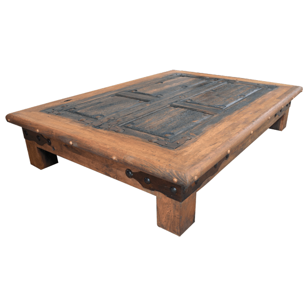 Handcrafted Door-Top Coffee Table with Forged Iron Conchos and Robust Iron Details