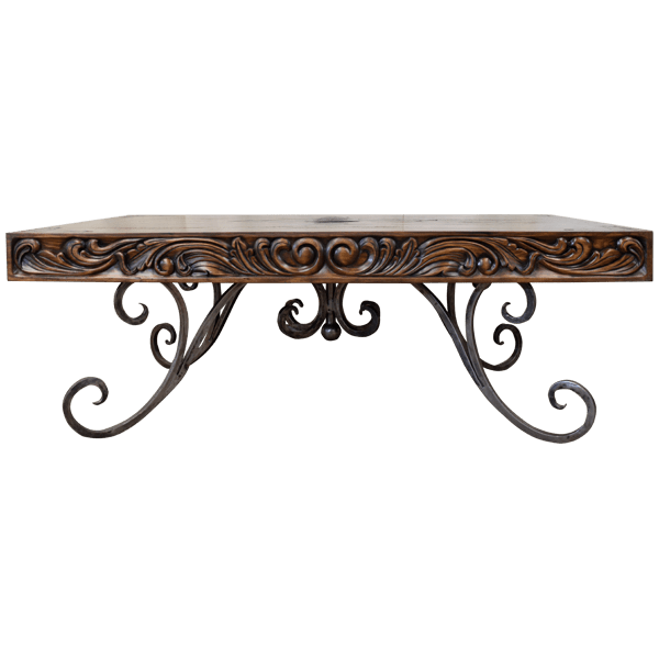 Rectangular Coffee Table with Ornate Carvings and Iron Legs