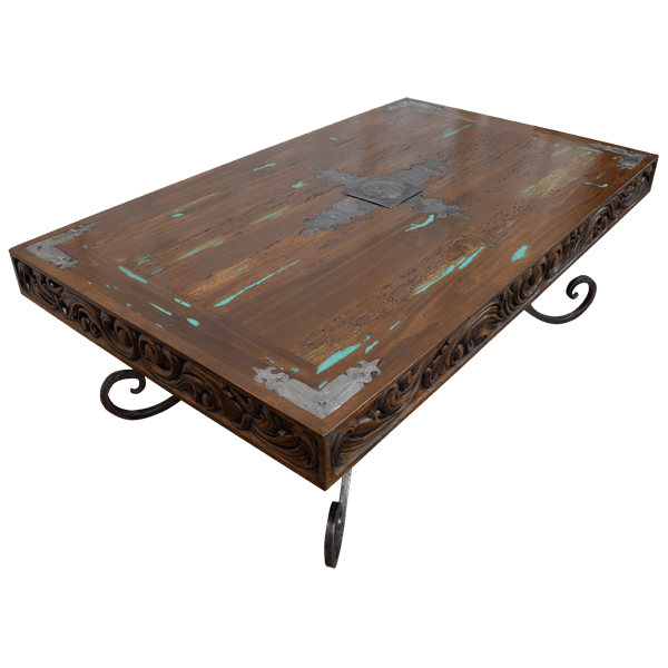 Rectangular Coffee Table with Ornate Carvings and Iron Legs