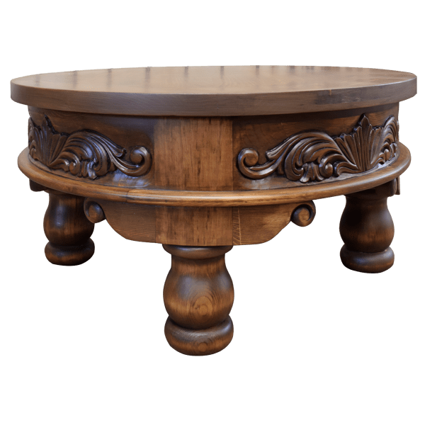 Round Coffee Table with Ornamental Carvings and Sturdy Spherical Legs