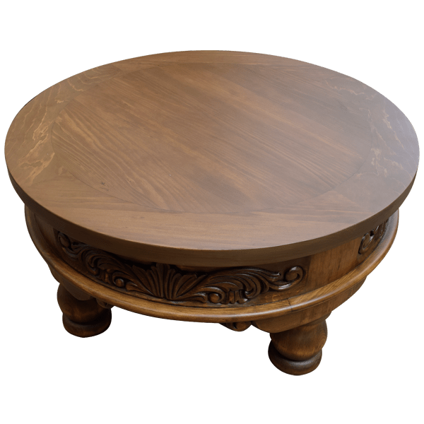 Round Coffee Table with Ornamental Carvings and Sturdy Spherical Legs
