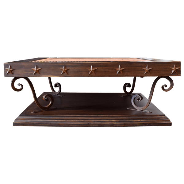 Table with Fire-Embossed Leather Central Cover and Metal Legs on Wooden Base